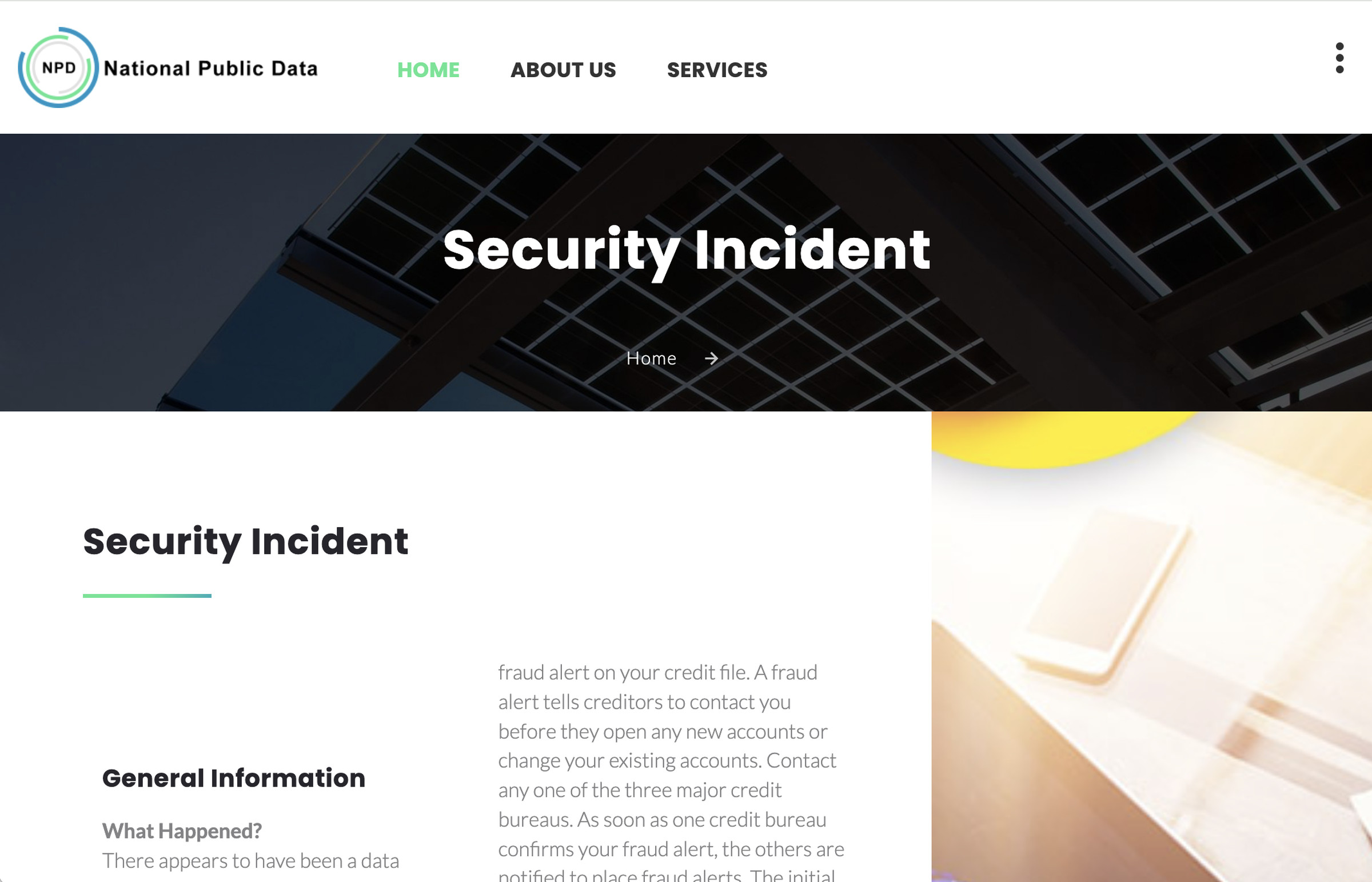 Web page from National Public Data with Security Incident in large letters at top