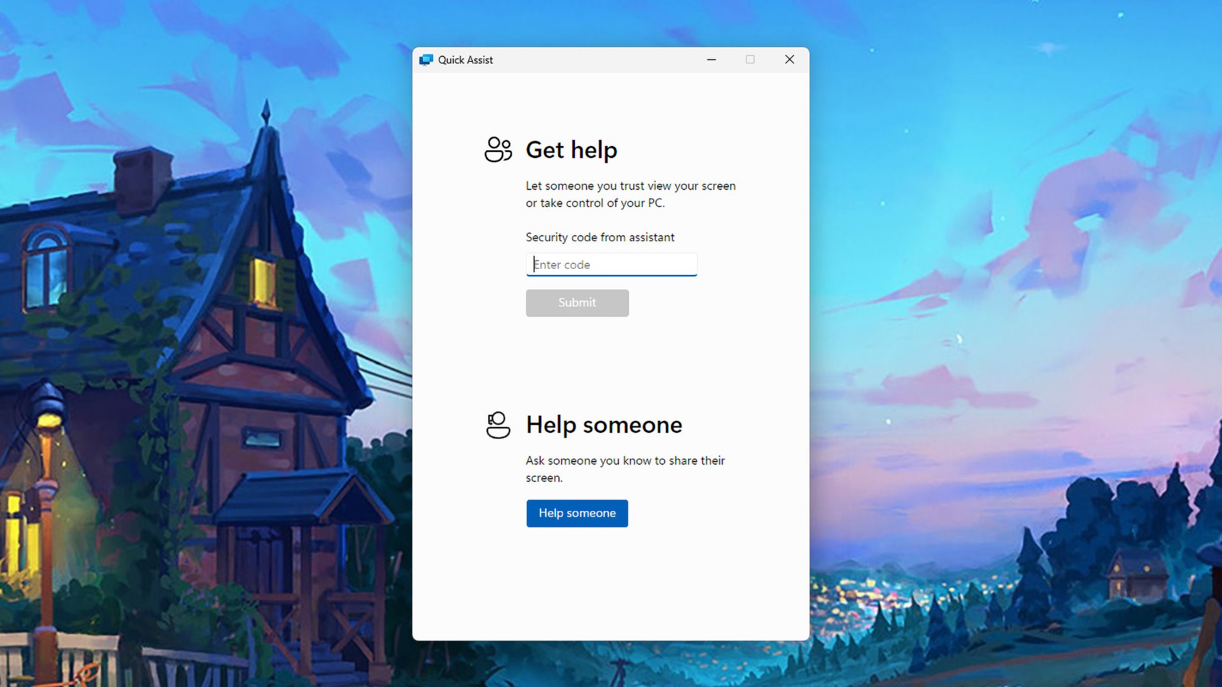 Windows screen with Quick Assist app with two subheds: Get help and Help someone.