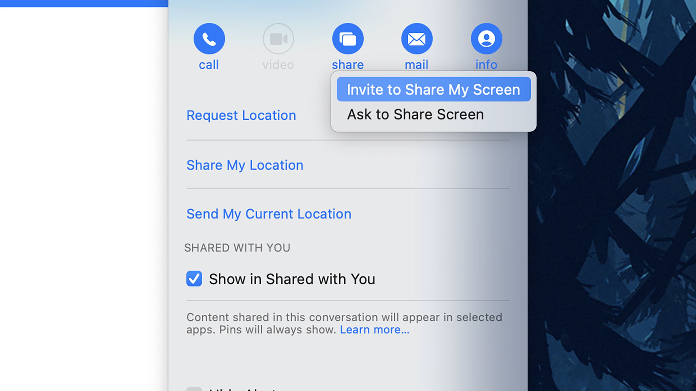 Closeup on drop-down menu on MacOS that highlights an invitation to share a screen.