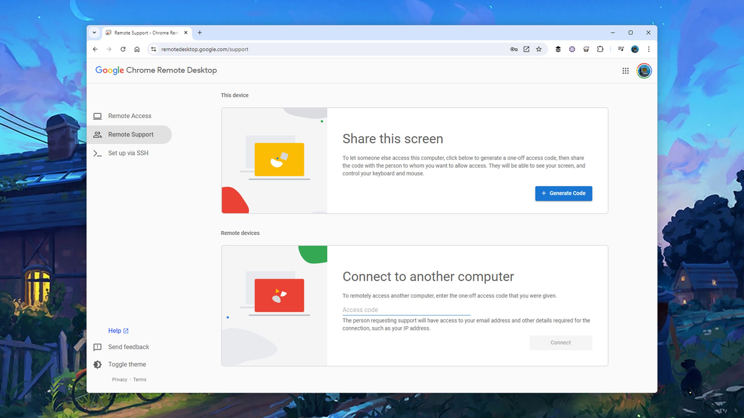 The Chrome Remote Desktop screen showing two boxes, one reading Share this screen and the other reading Connect to another computer.