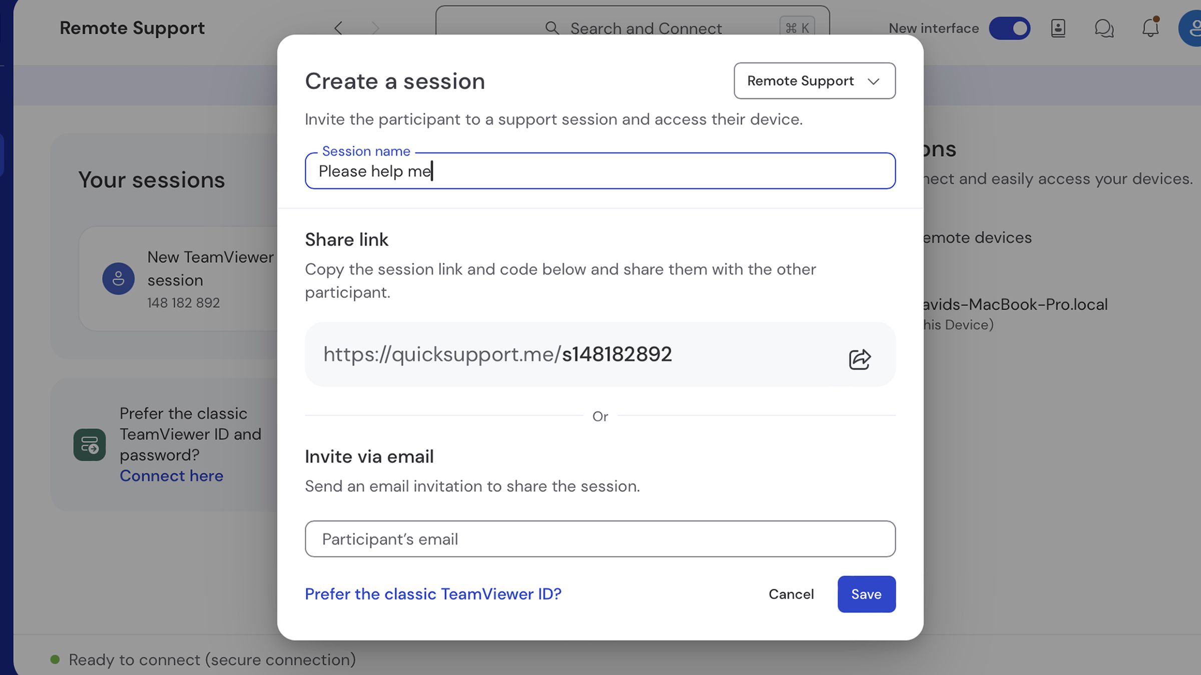 TeamViewer pop-up labeled Create a session, below which you can Share link or Invite via email. 