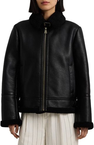 Faux Leather & Faux Shearling Bomber Jacket