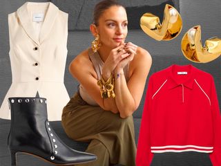 Collage of stylist Serra Geris wearing statement yellow gold jewelry and olive green pants alongside shots of a cream Reformation vest top, Madewell black studded ankle boots, a red Mango polo sweater, and Cult Gaia earrings.