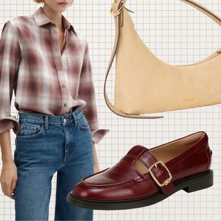 Flannel shirt, maroon loafers, and tan shoulder bag from Nordstrom