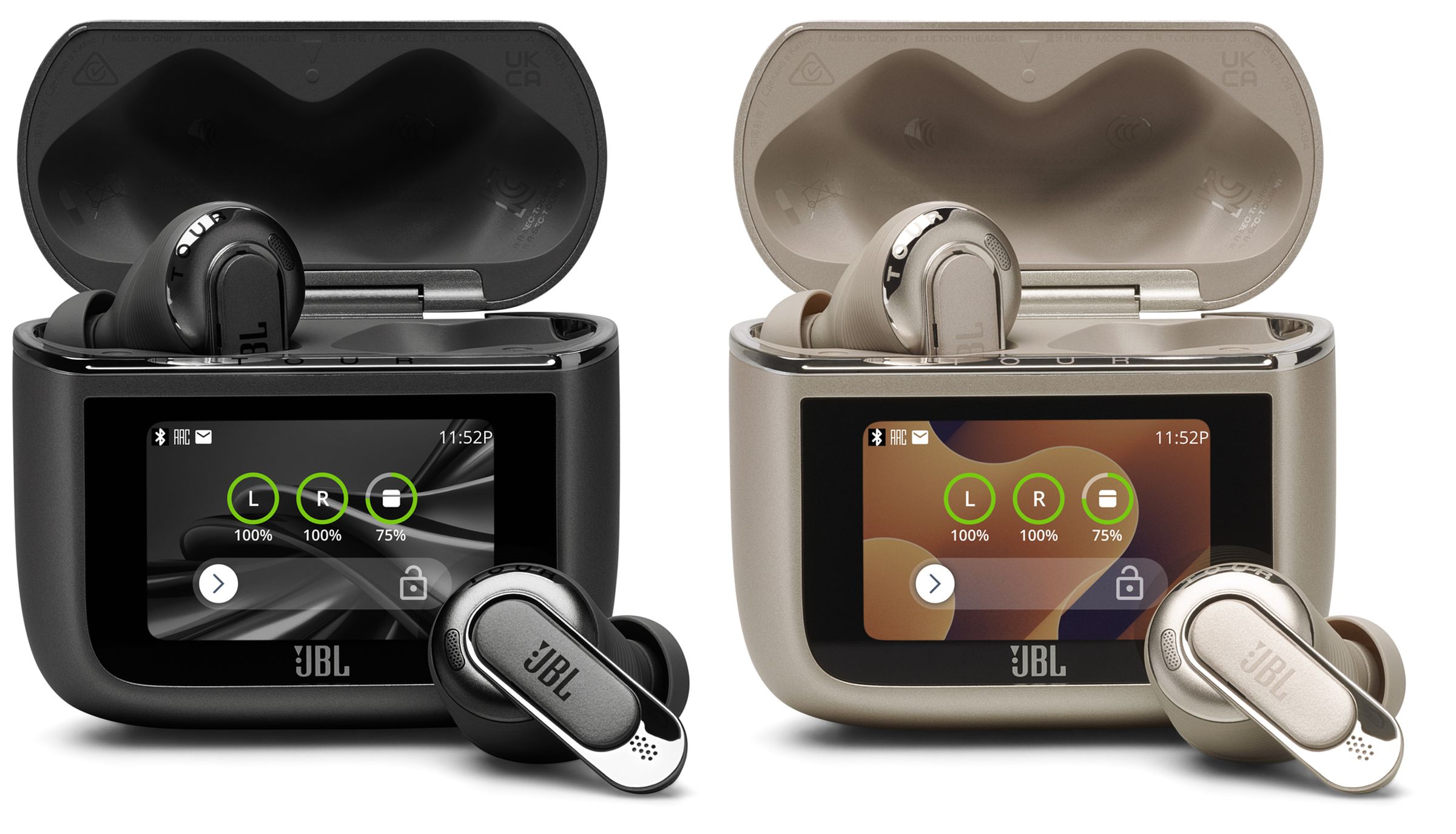 The JBL Tour Pro 3 shown in a black and latte colorways with their charging case lid’s open and a single earbud removed from each.