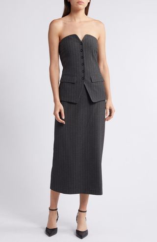 Strapless Pinstripe Midi Dress