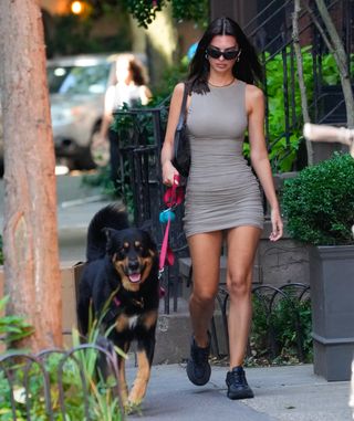 Emily Ratajkowski wears a grey dress.