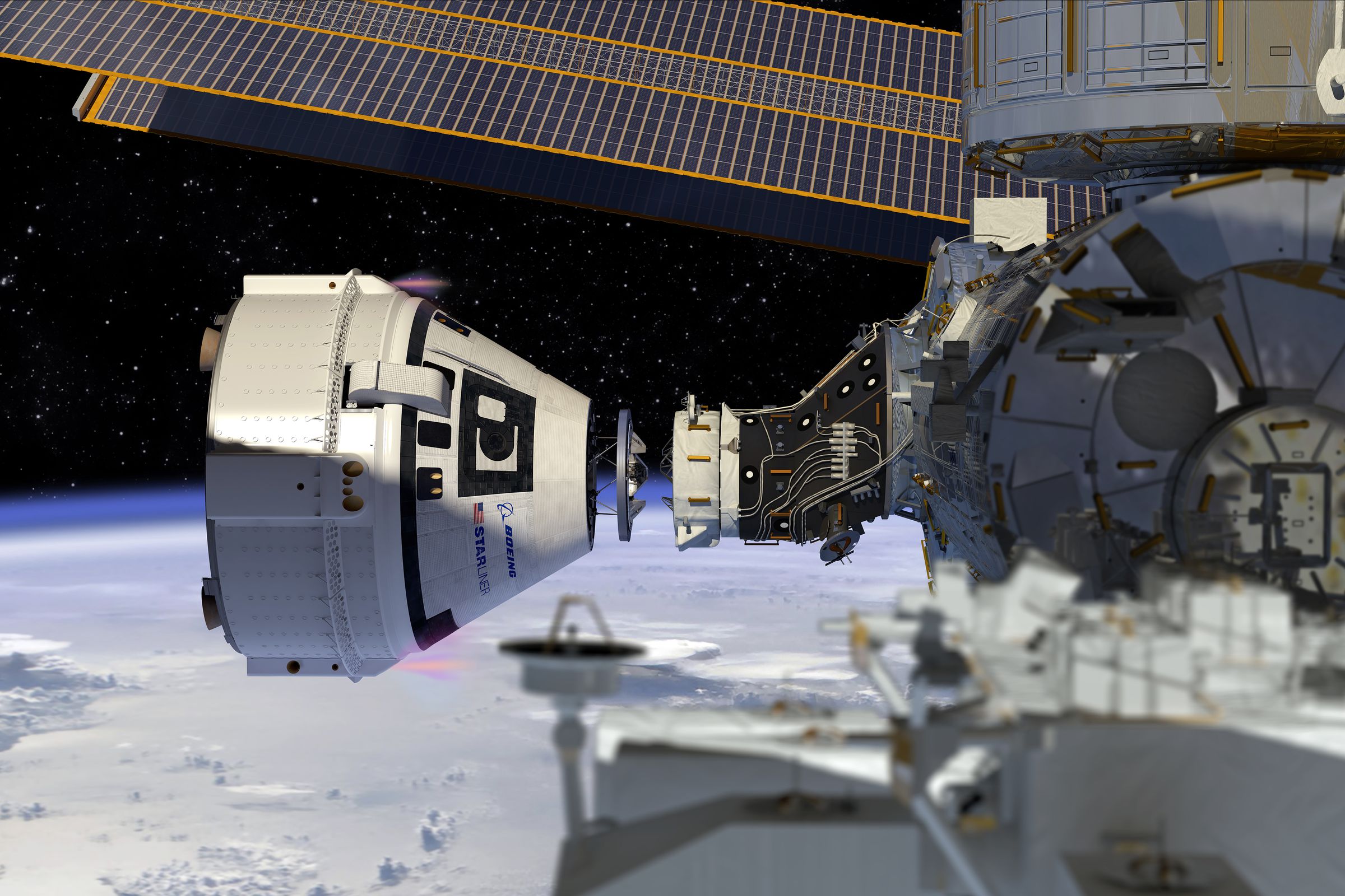 Boeing’s Starliner spacecraft next to the International Space Station.