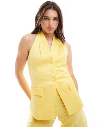 Mango Linen Mix Halter Co-Ord Waistcoat in Yellow