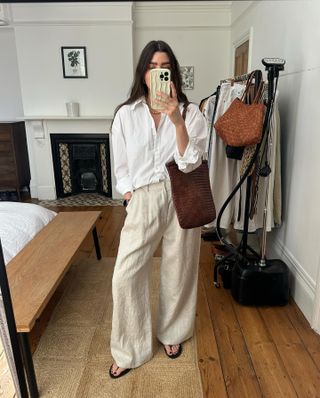 Tops that go with wide-leg trousers: @theannaedit wears a white shirt with wide-leg trousers