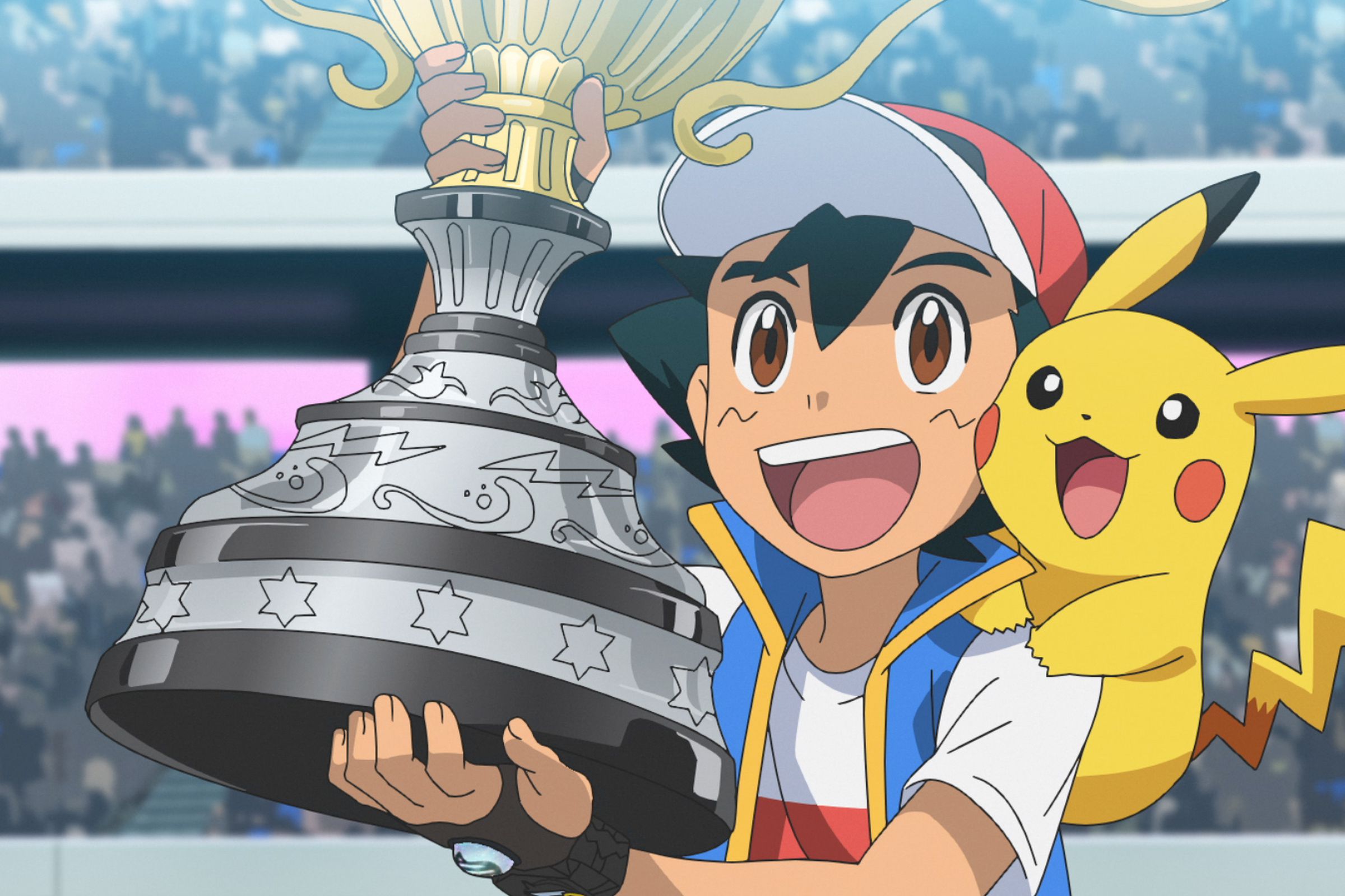 Ash Ketchum and Pikachu, with Ash holding a trophy.