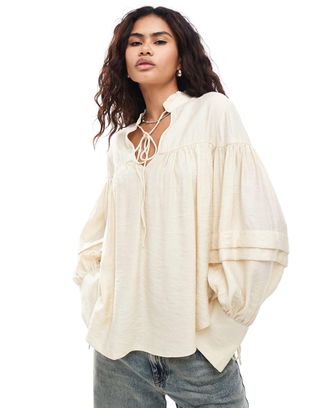 Urban Revivo Pleated Sleeve Boho Blouse in Stone