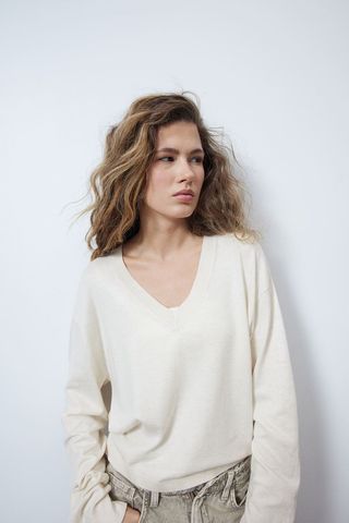 Fine-Knit V-Neck Sweater