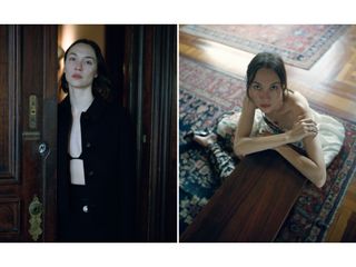 Collage of Sydney Lemmon standing in doorway wearing Miu Miu black matching jacket and pencil skirt set and sitting on the floor wearing a strapless floral dress and printed leggings.