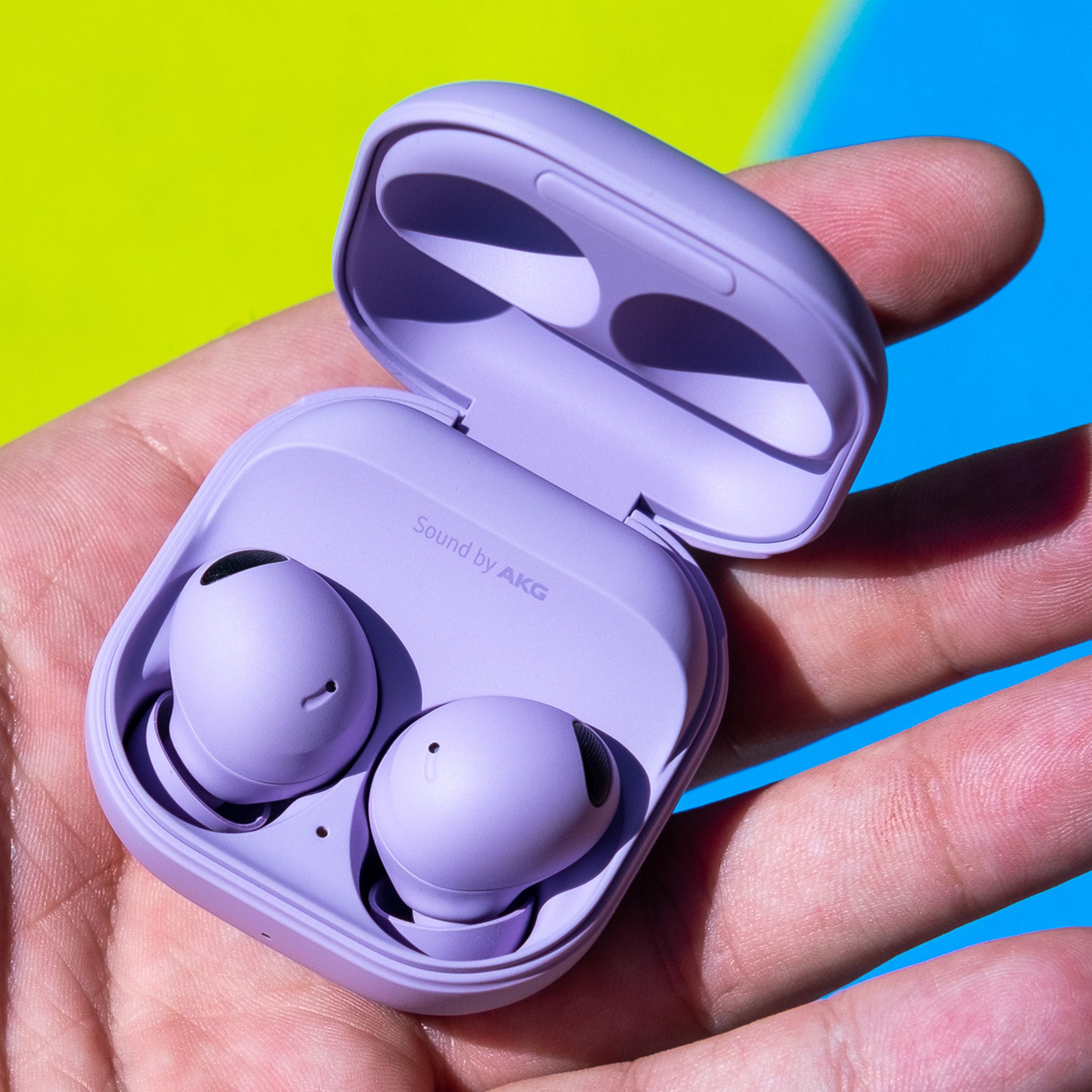 A photo of Samsung’s purple Galaxy Buds 2 Pro.