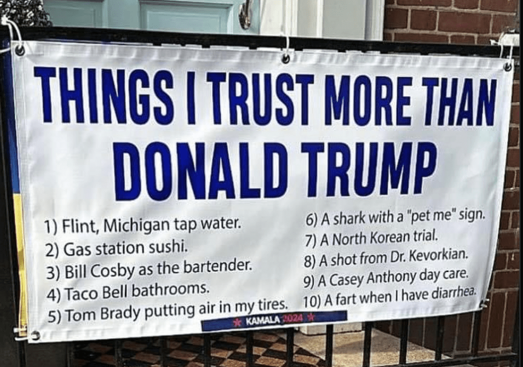 'Things I Trust More Than Donald Trump' Sign Goes Viral On X