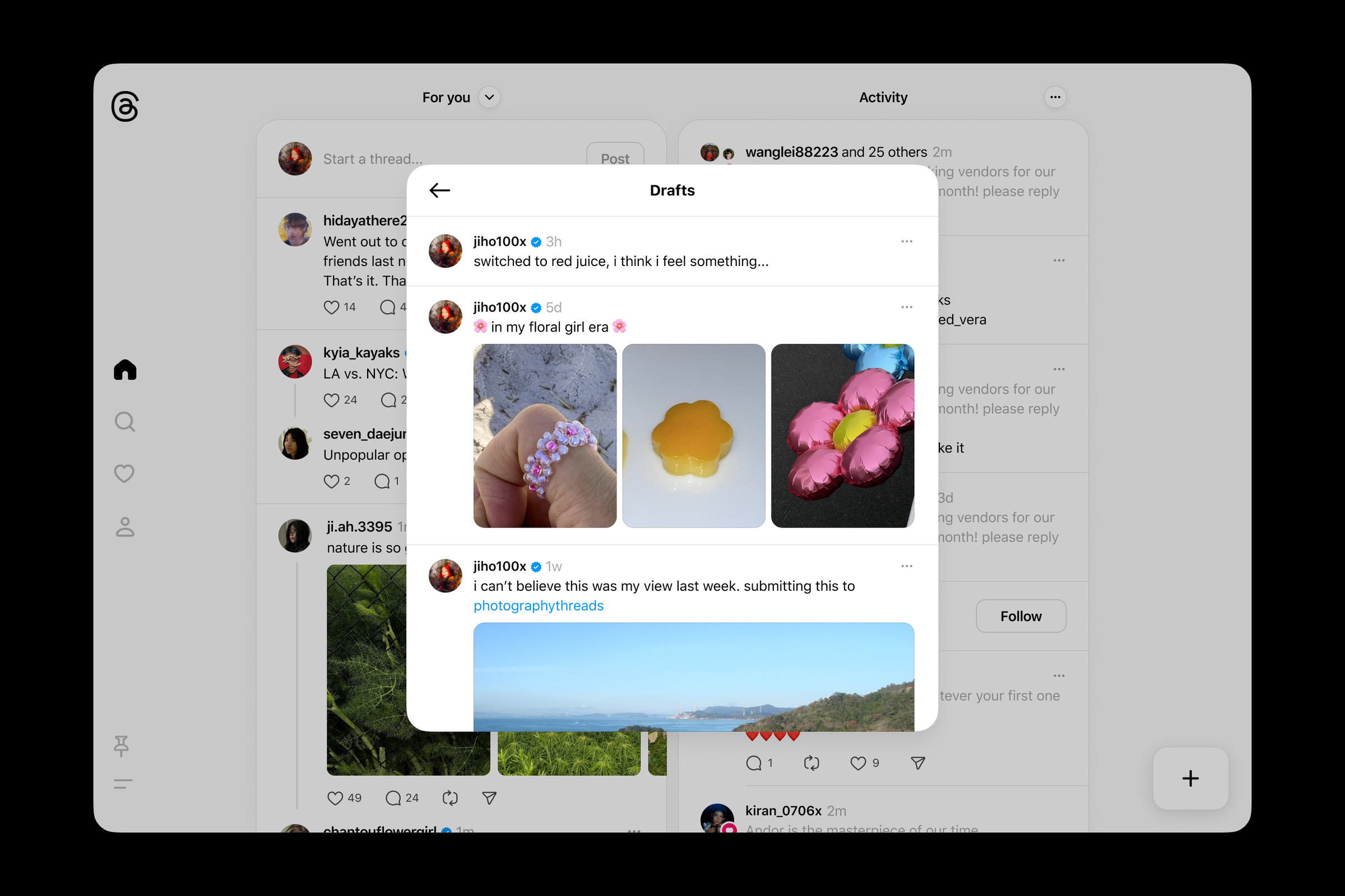 Threads’ draft feature showing multiple posts saved.