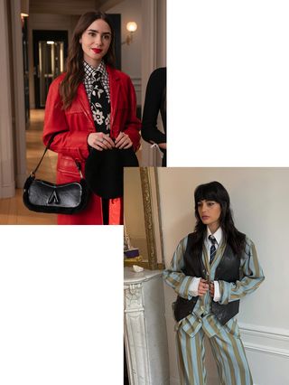 Emily in Paris's Lily Collins wearing a red coat, a button-down shirt with a tie, and a black shoulder bag and Maria wearing a striped suit, a black vest, a white button-down, and tie.