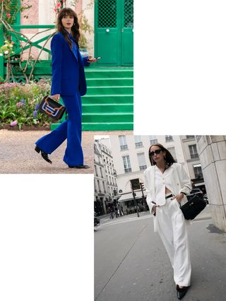 Emily in Paris's Lily Collins wearing a blue suit, black boots, and a black handbag and Chloe Harrouche wearing a white suit, black shoes, and a black bag.