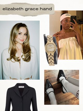 Photo collage of Elizabeth Grace Hand, featuring Dior bar jacket, gold watch, slingback shoes and client in studio robe.