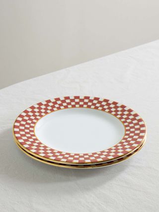 Set of Two Gold-Plated Porcelain Dinner Plates