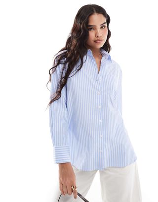 Stradivarius Oversized Shirt in Blue Stripe