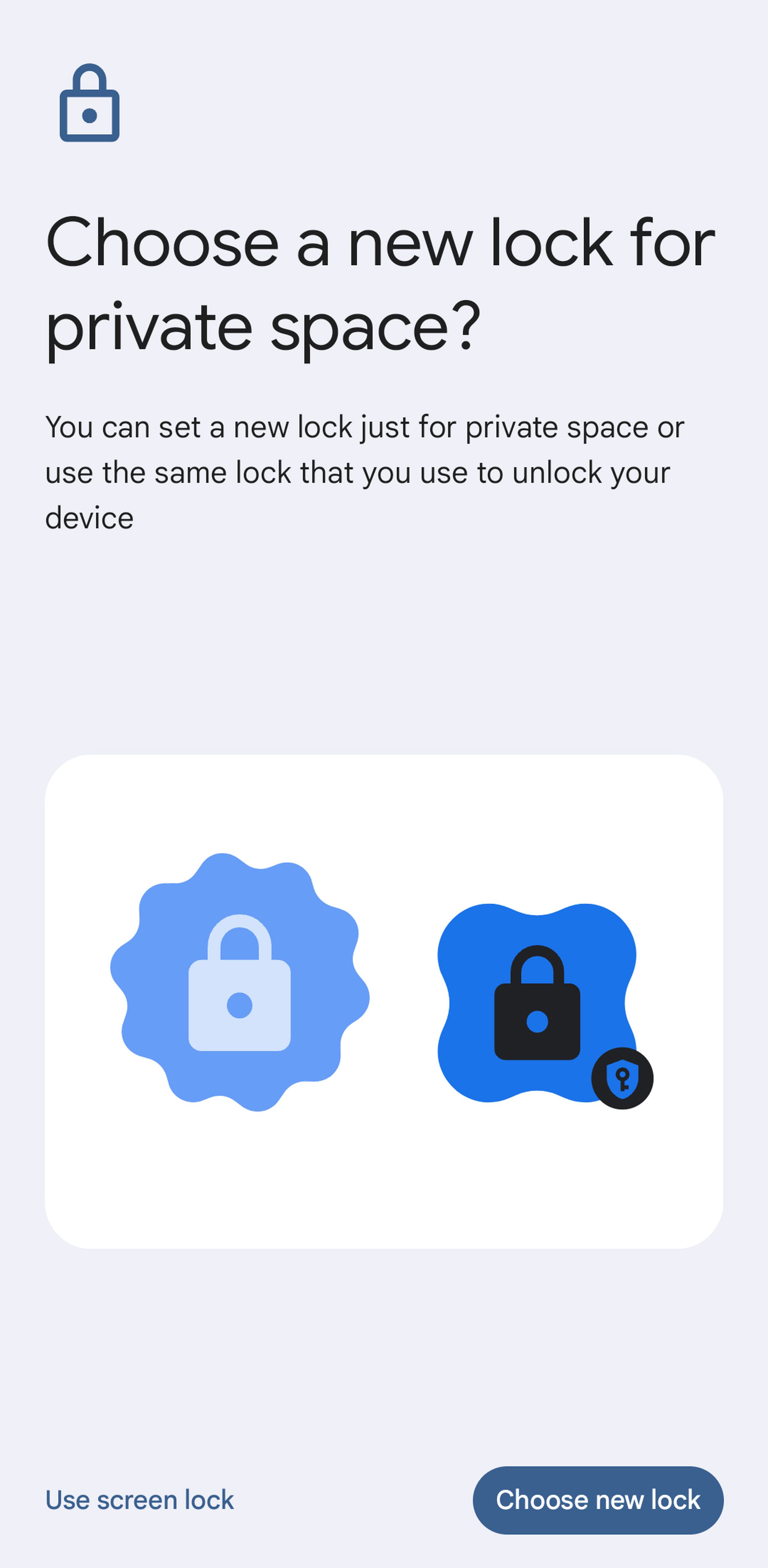 Mobile page headed “Choose a new lock for private space?” and with two lock icons at bottom.