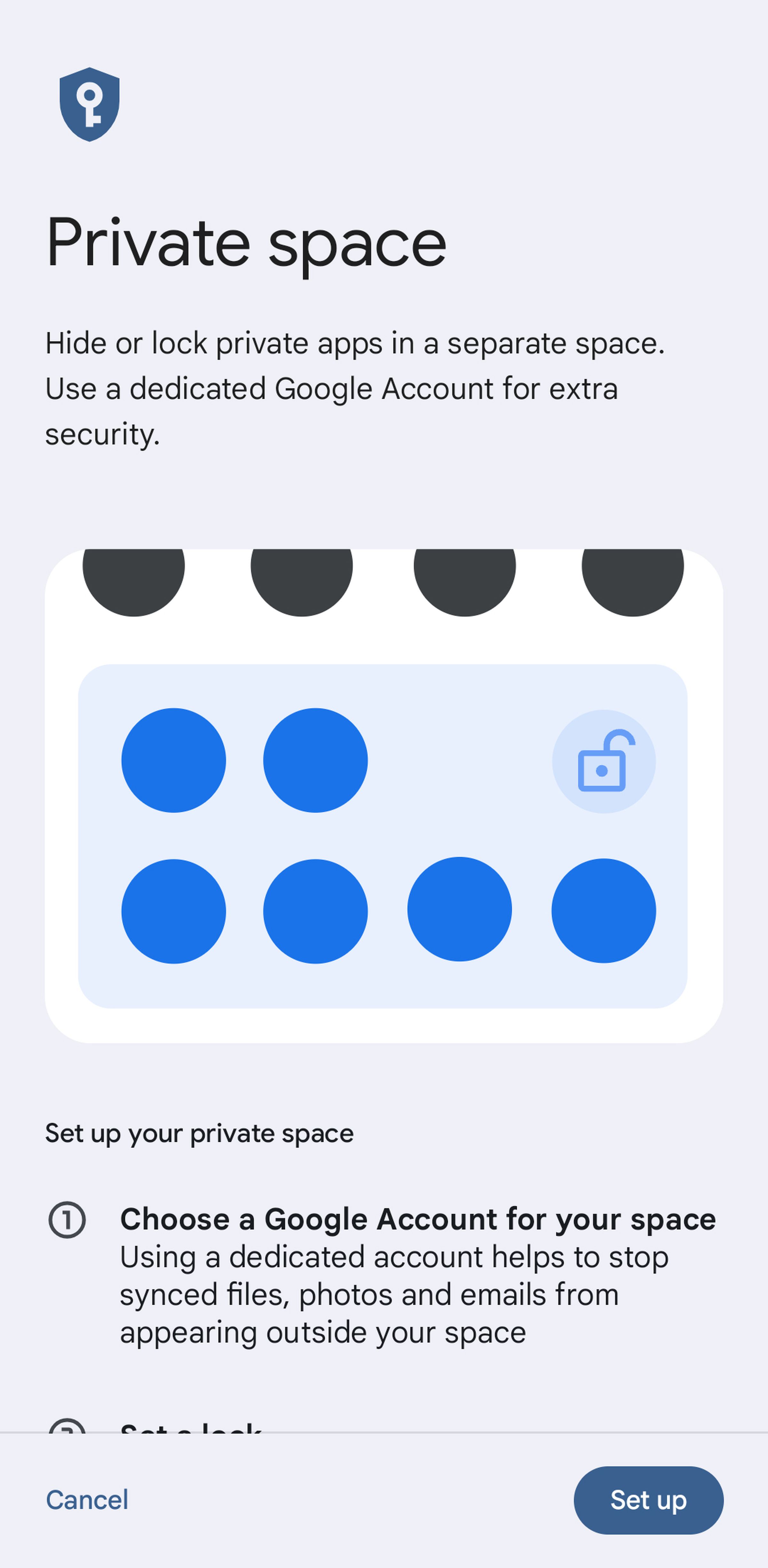 Mobile screen titled Private space with instructions and four blue dots and a lock icon.