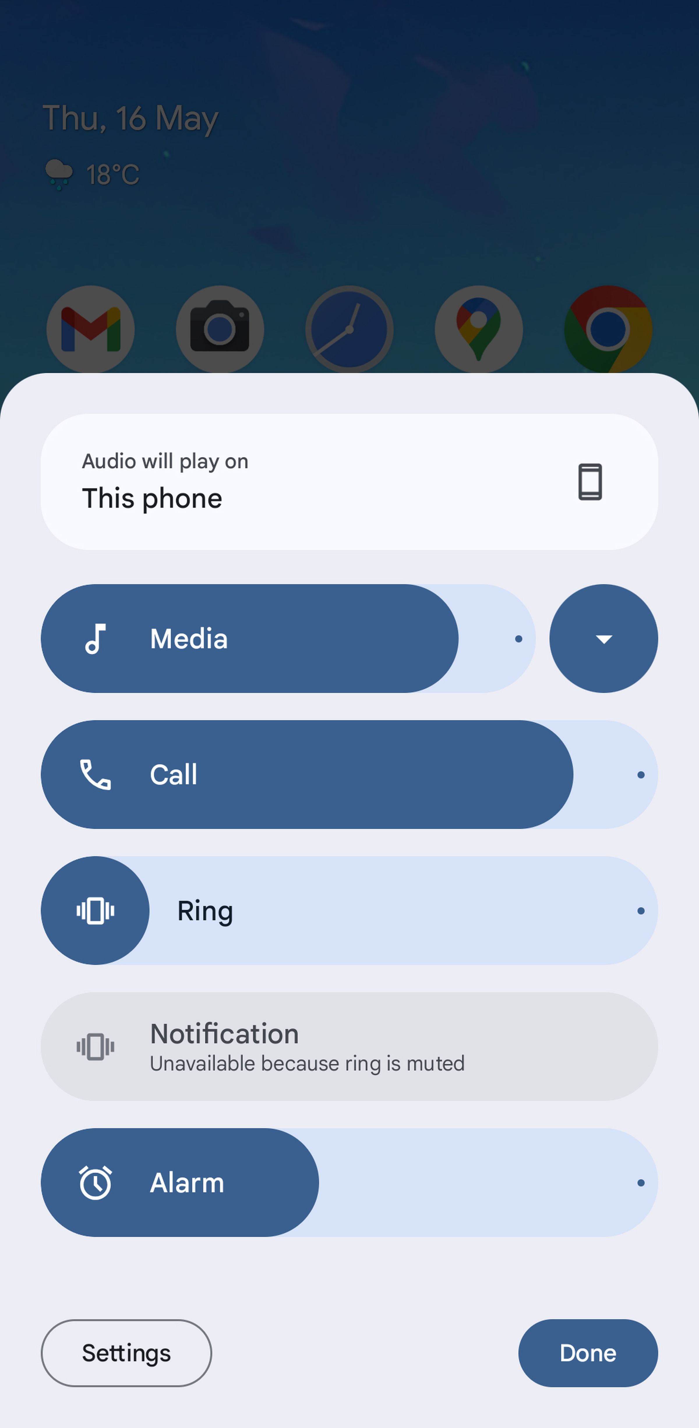 Pop-up menu headed This phone with sliders for Media, Call, Ring, Notifications, and Alarm.