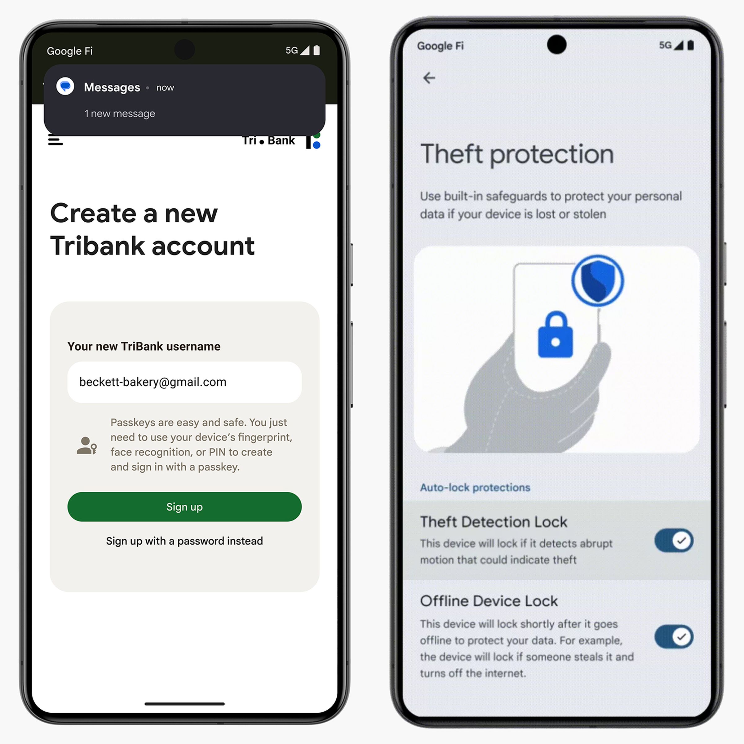 two screenshots, one headed Create a new Tribank account with a passkey offer and the other headed Theft Protection.