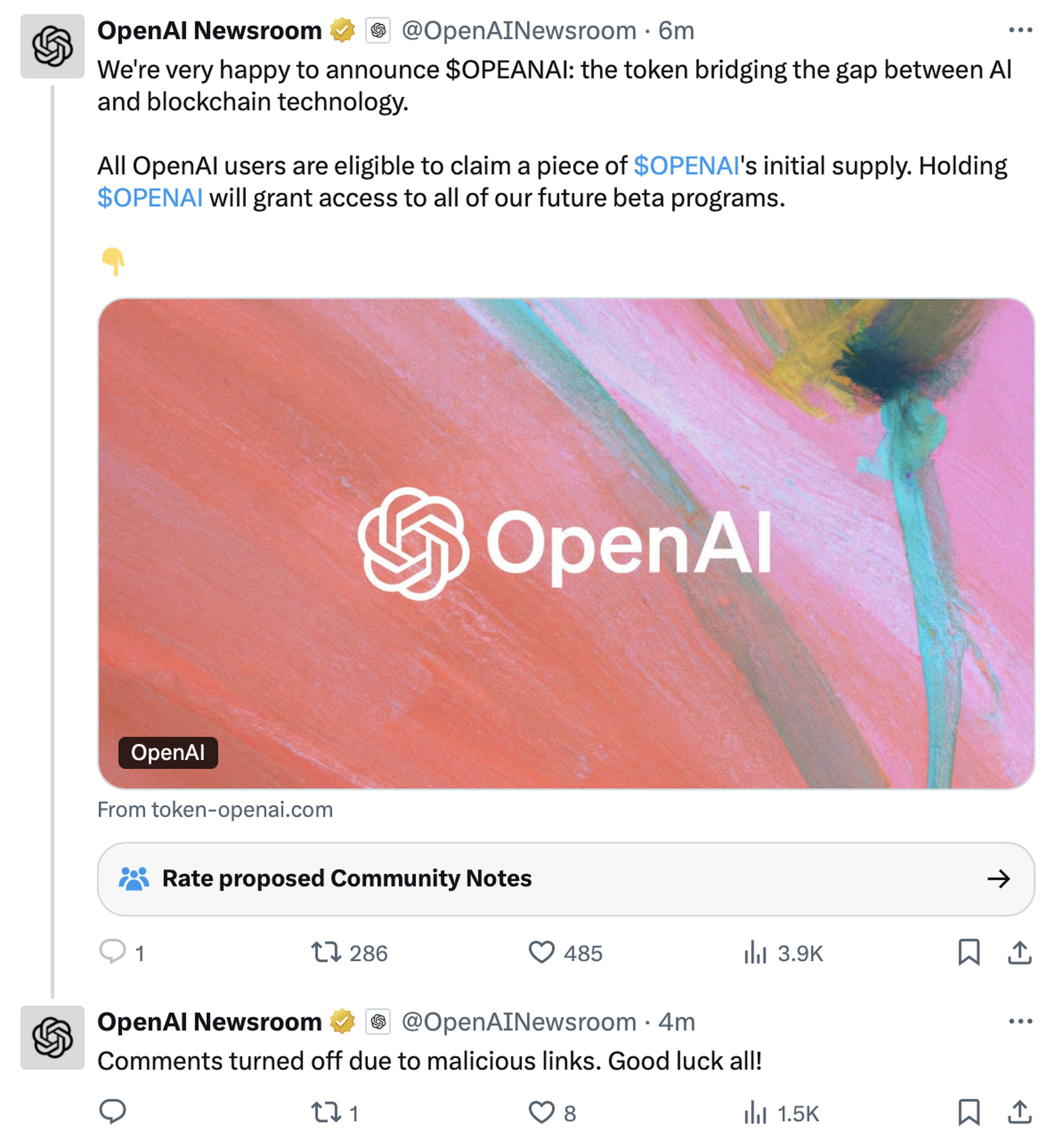 A screenshot of two posts from the hijacked OpenAI Newsroom account.