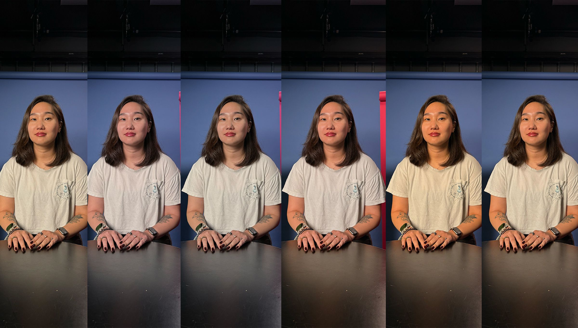 A row of images of a woman with different “undertone” skin tone settings applied.