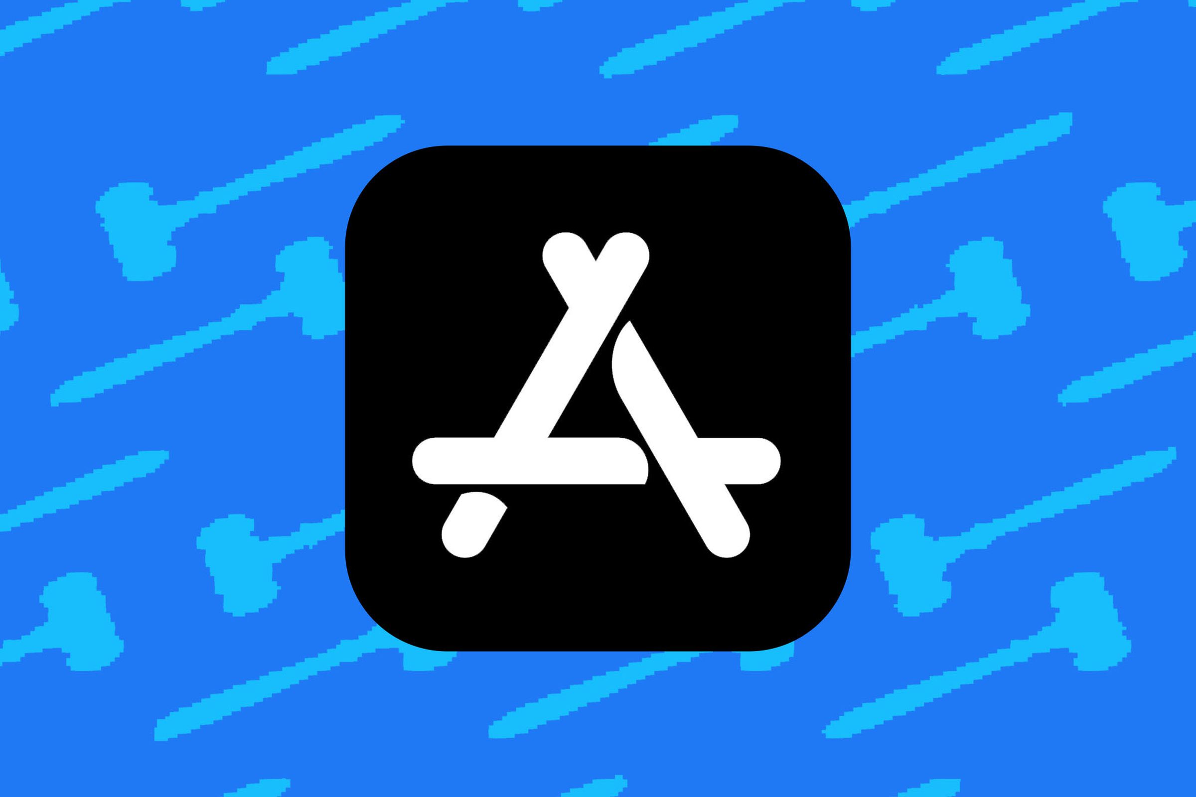 Illustration of the App Store logo in front of a background of gavels.