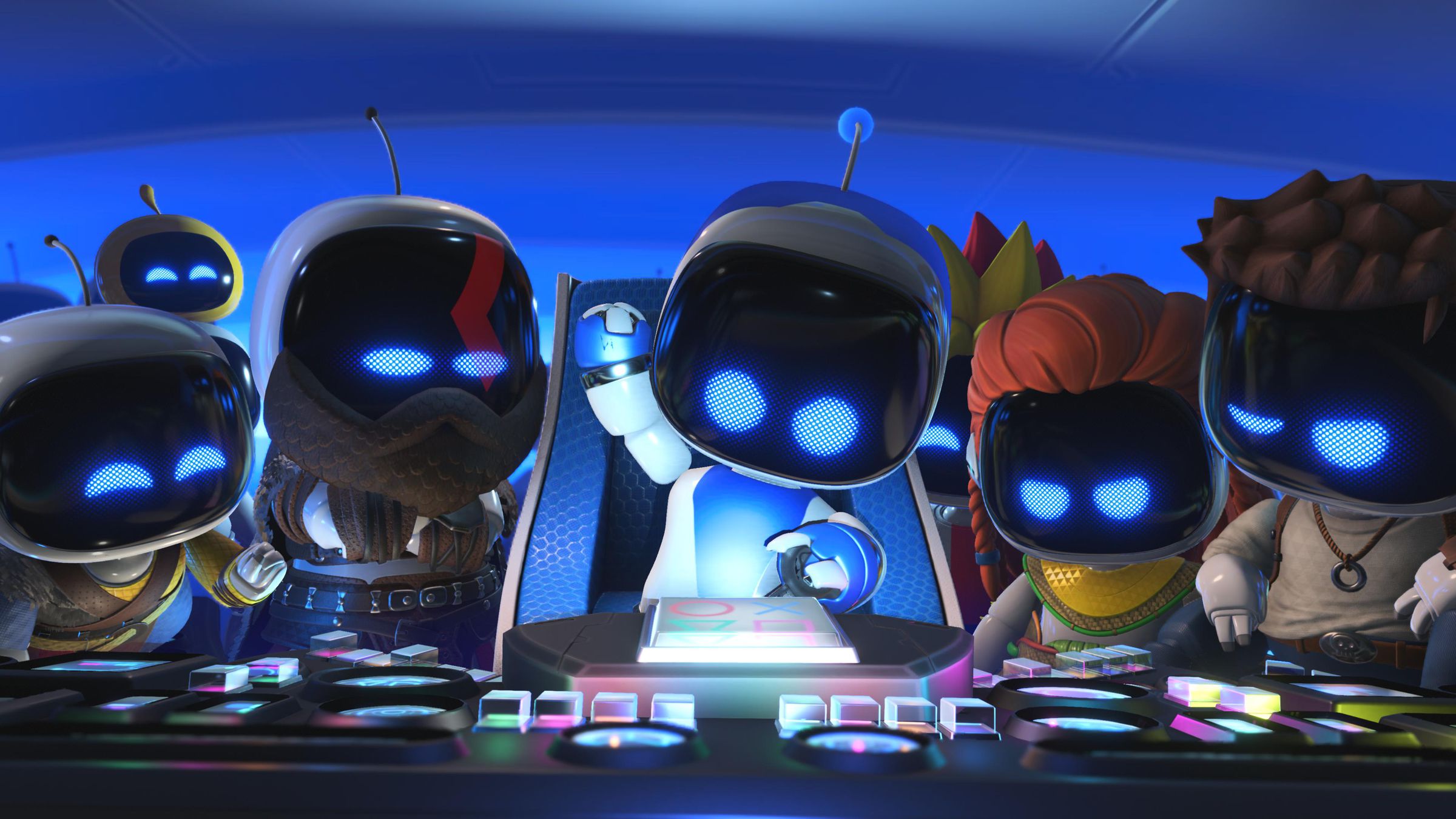 Screenshot from Astro Bot featuring the Astro robot surrounded by his robot companions piloting a PS5-shaped ship.