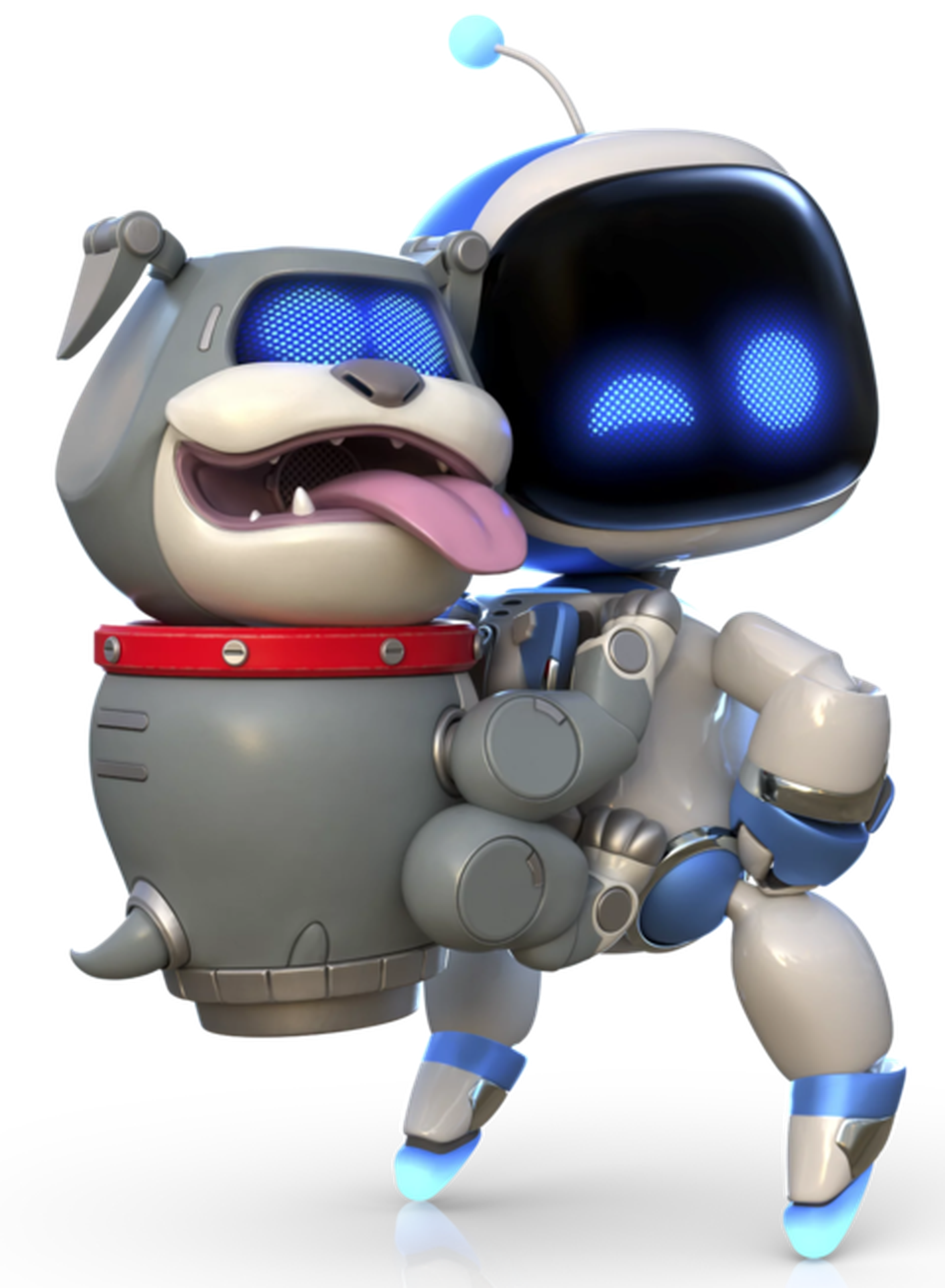 Character art from Astro Bot featuring a white and blue robot with a grey bulldog strapped to his back