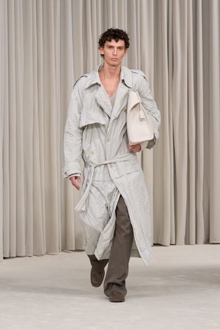 Ferragamo models wearing crinkled drop waist coats