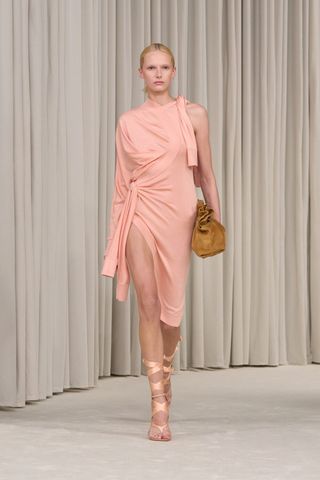 Ferragamo models wearing pale pink dresses