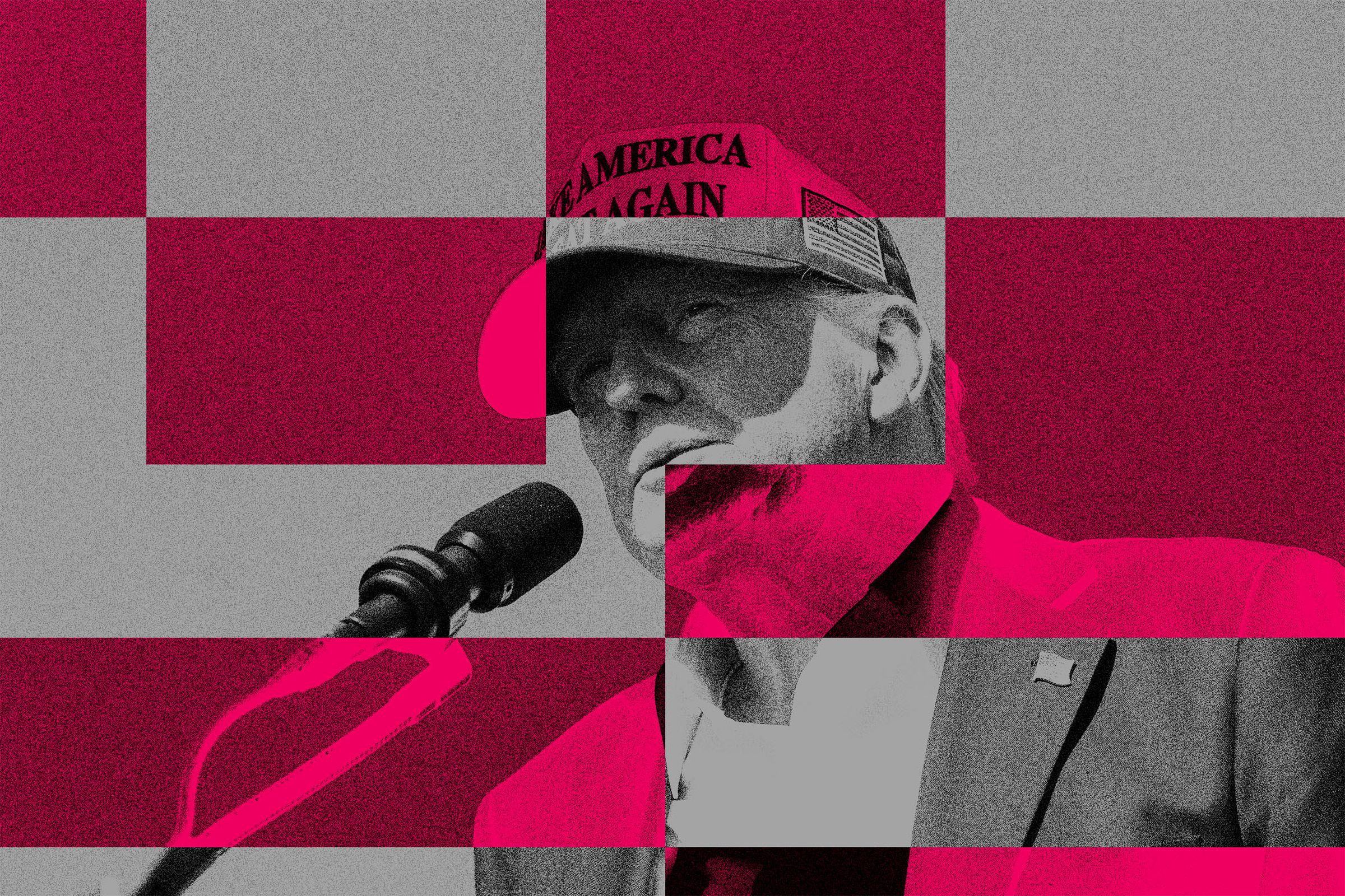 Photo collage of an image of Donald Trump behind a graphic, glitchy design.