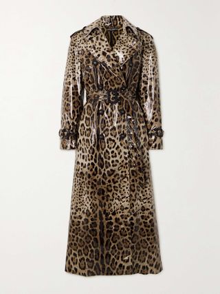 Double-Breasted Leopard-Print Coated-Canvas Trench Coat