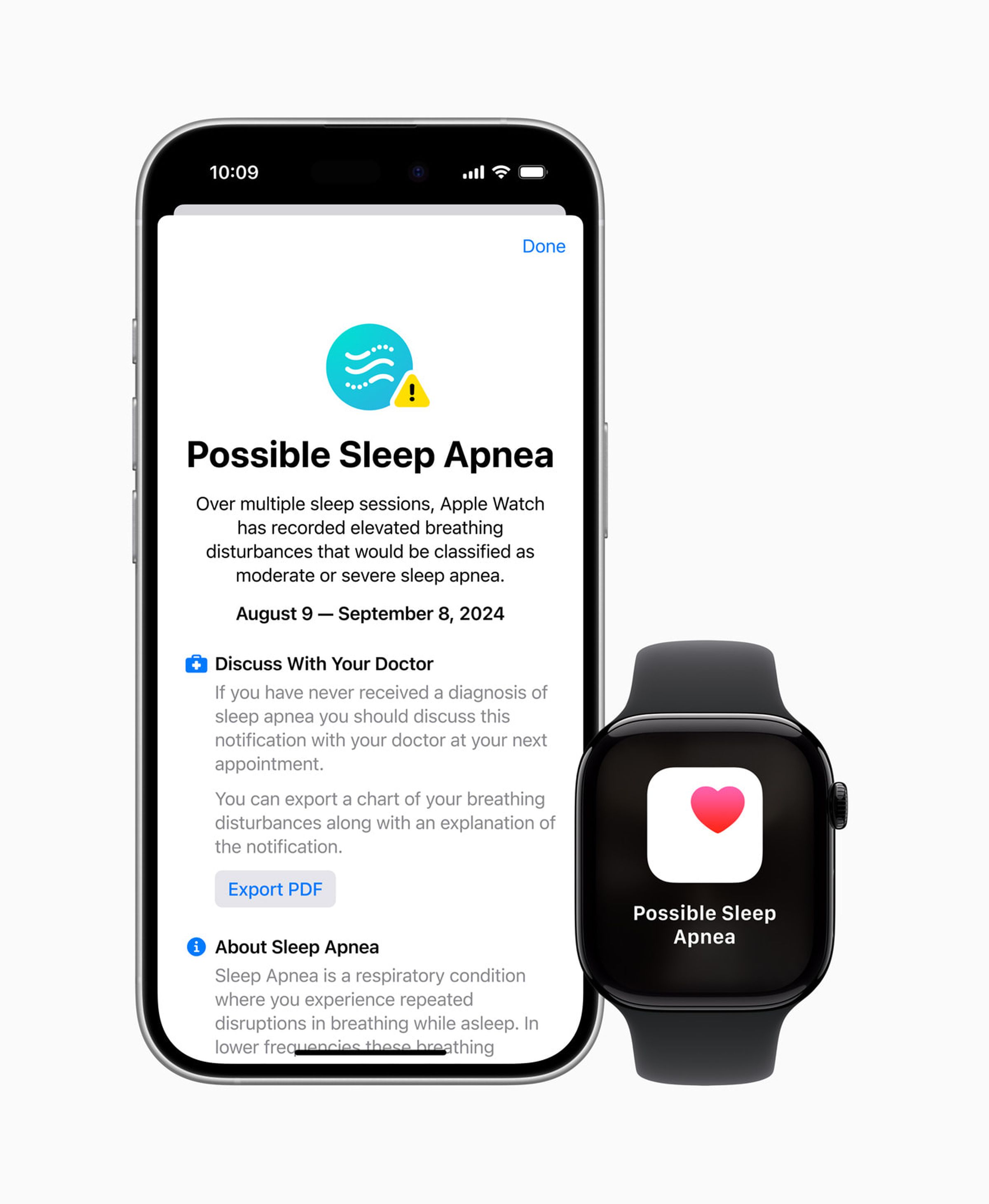 A screenshot of the iPhone and Apple Watch Series 10 with sleep apnea notifications.