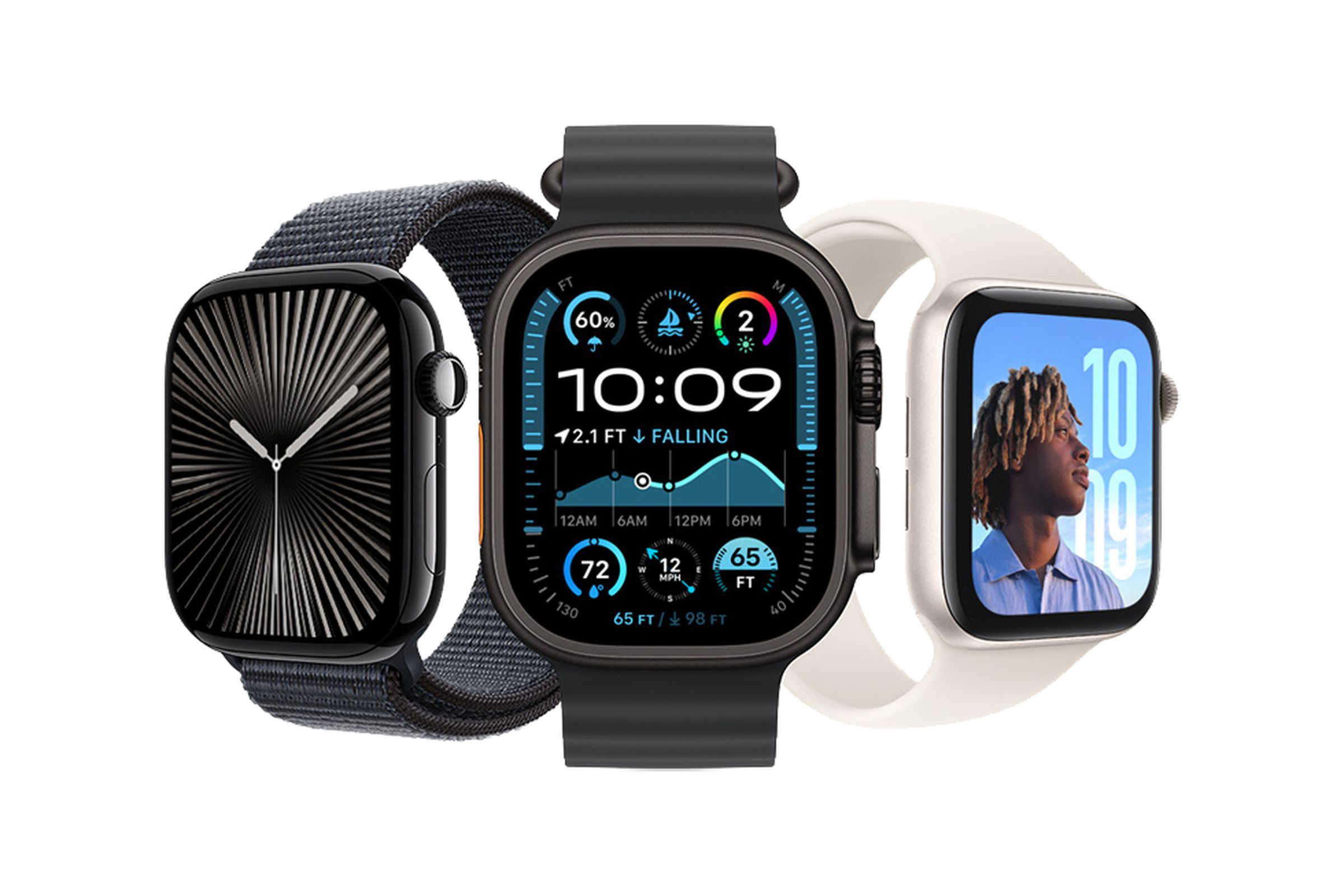 The Apple Watch Ultra 2, Apple Watch Series 10, and Apple Watch SE centered on a white background.