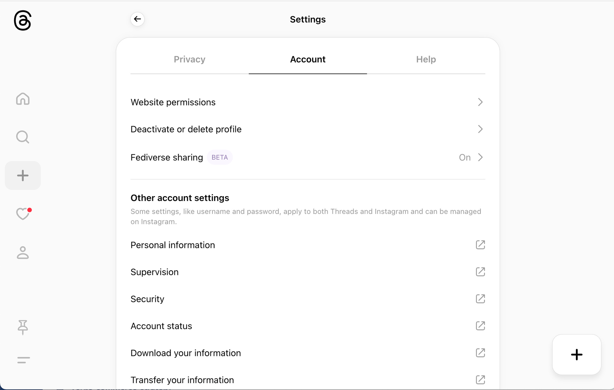 Settings page for Threads