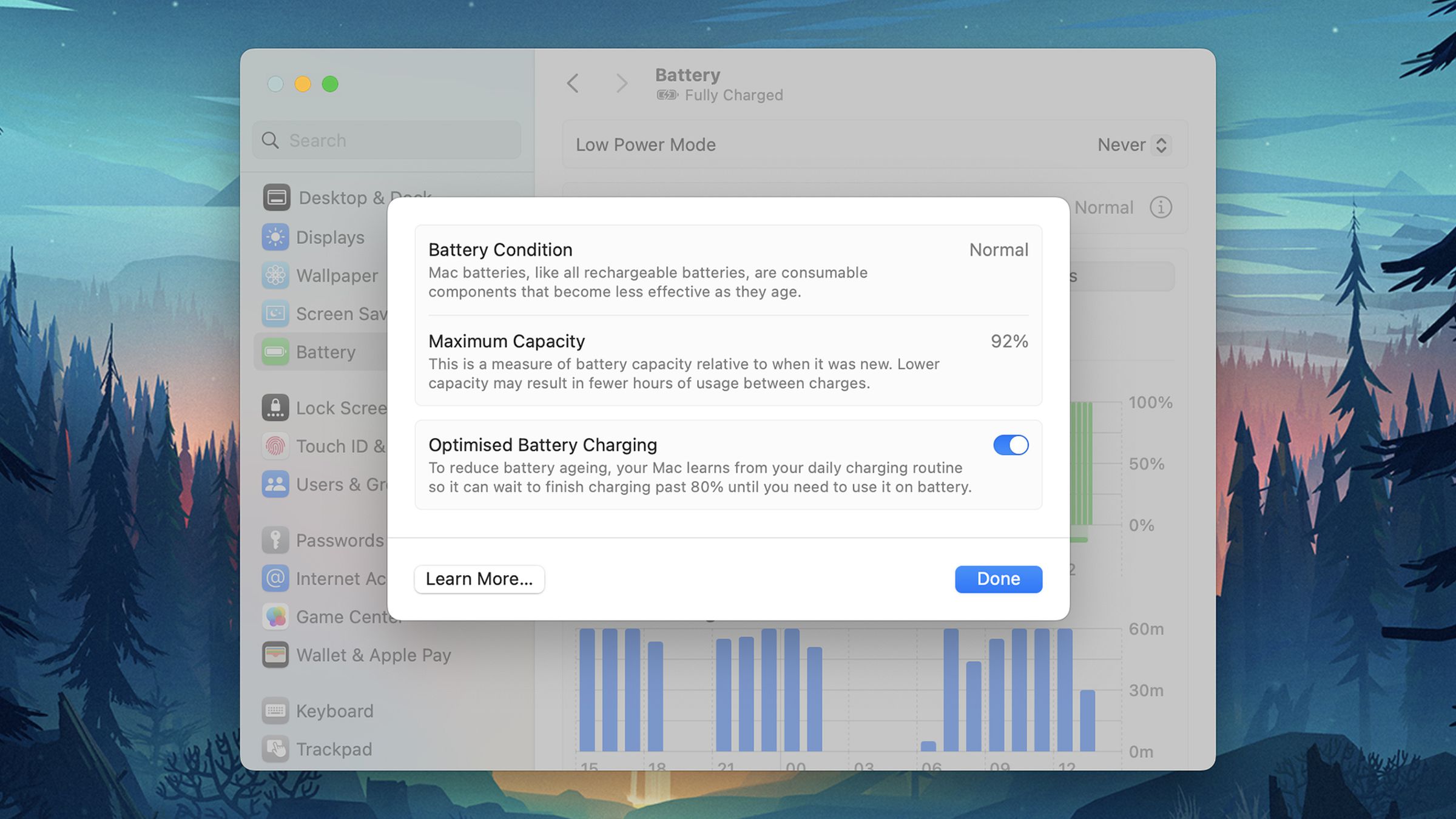 Mac screen showing pop-up window listing Battery Condition, Maximum Capacity, Optimized Battery Charging