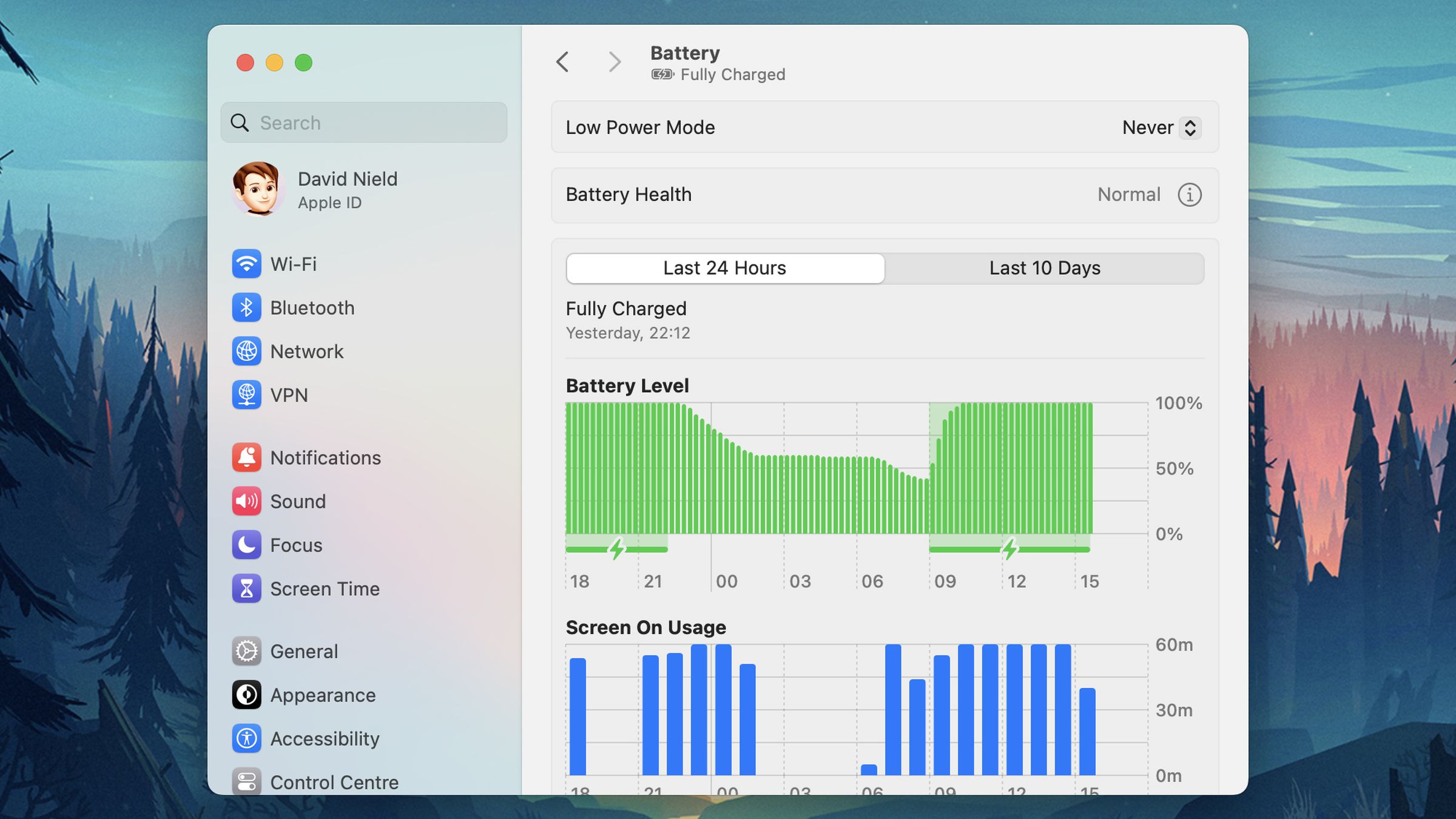 Battery settings page on a Mac with Low Power Mode, Battery Health, and two charts; a list of other pages is on the left.