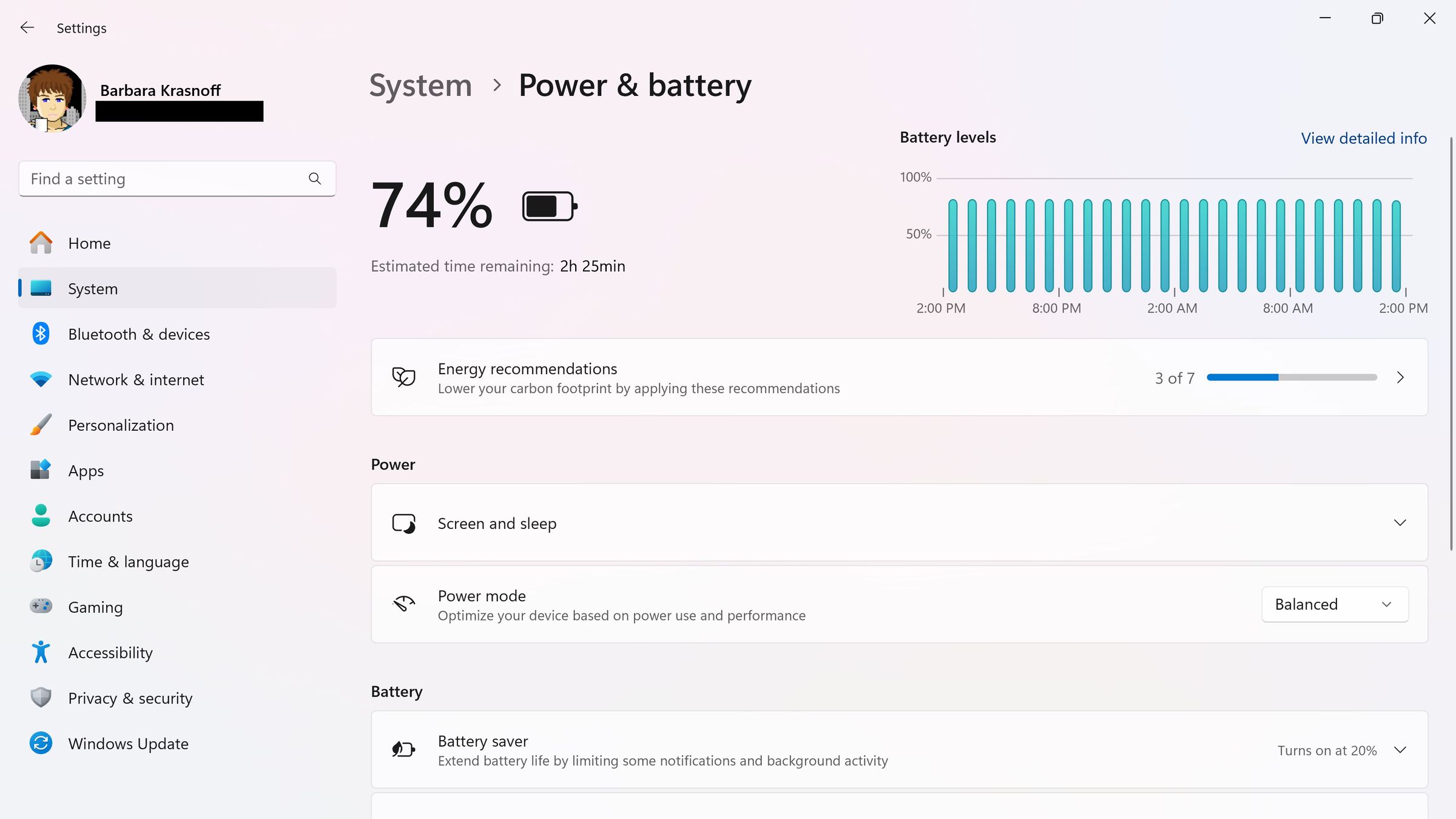 Power &amp; battery page on Windows system setup