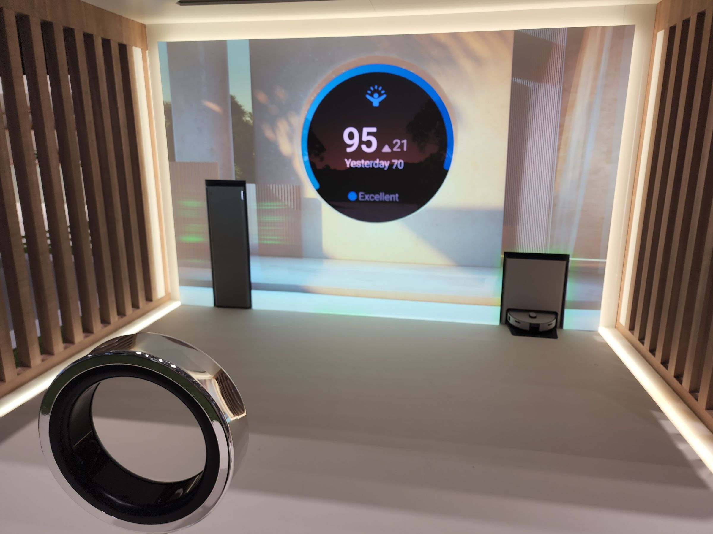 This super-sized Galaxy Ring demoed a new integration coming to SmartThings that can trigger smart devices like this connected air purifier and robot vacuum based on biometrics.