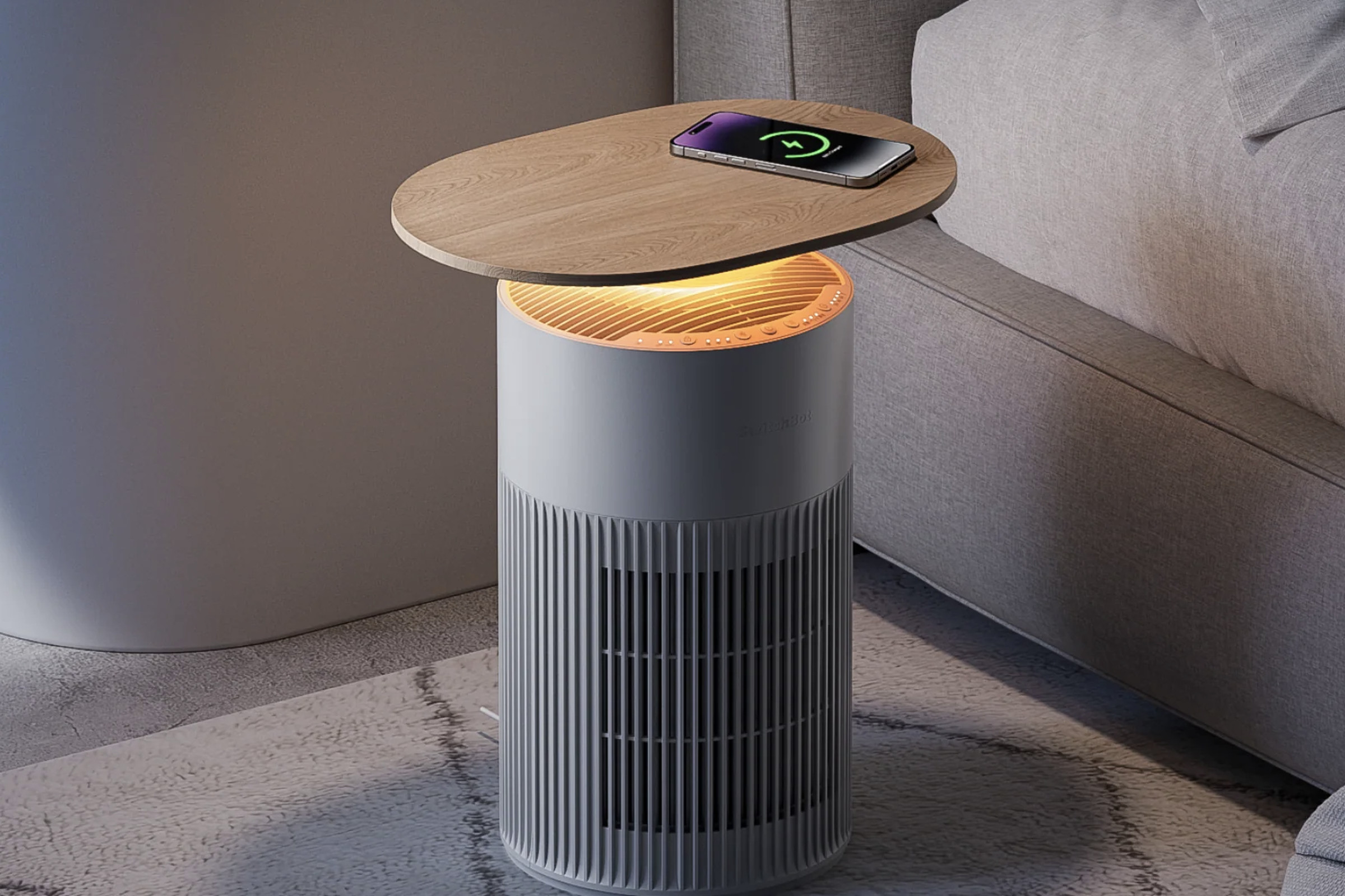 An image showing SwitchBot’s air purifier and charging table