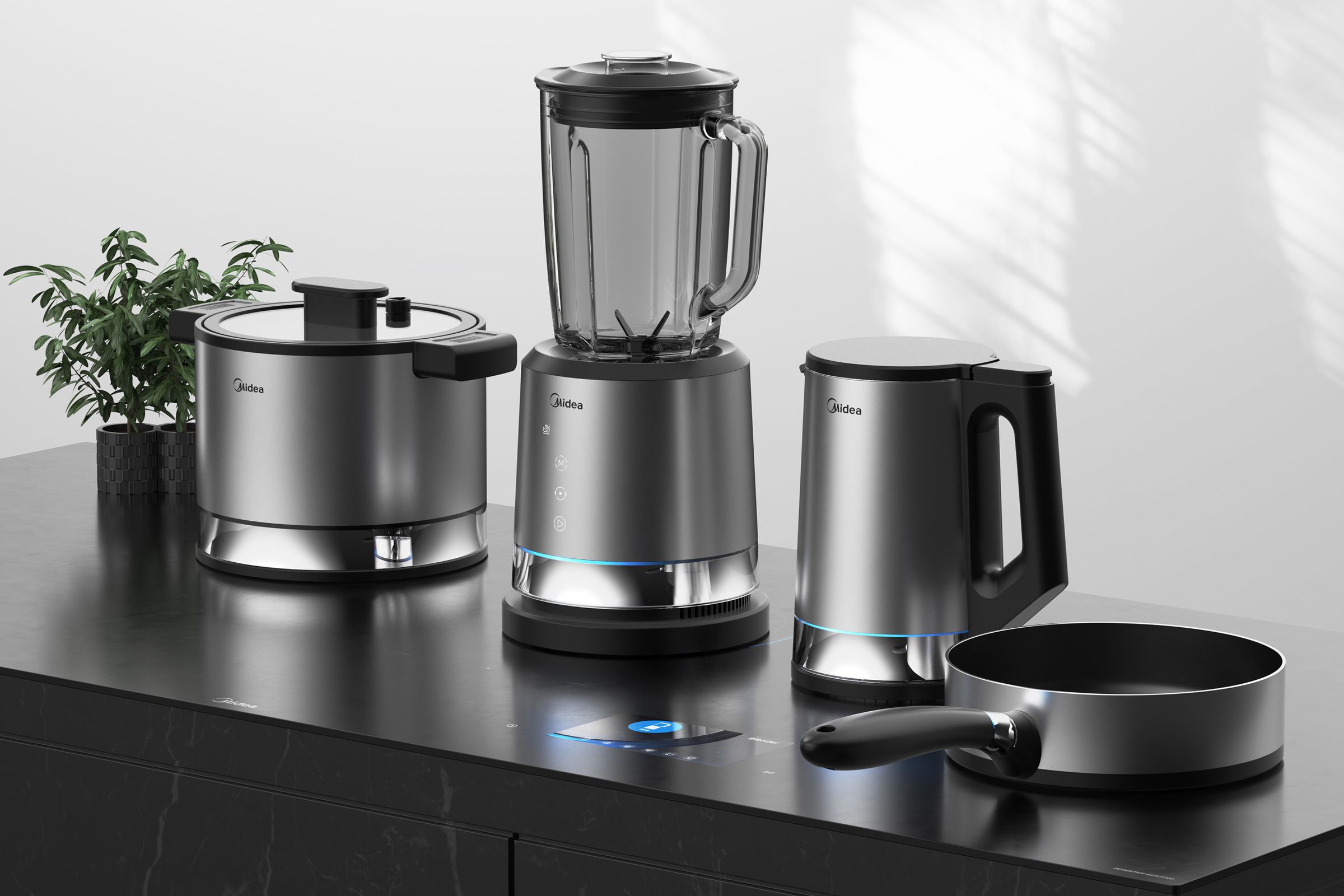 Midea’s Celestial Flex Series of wireless kitchen appliances lined up on a countertop.