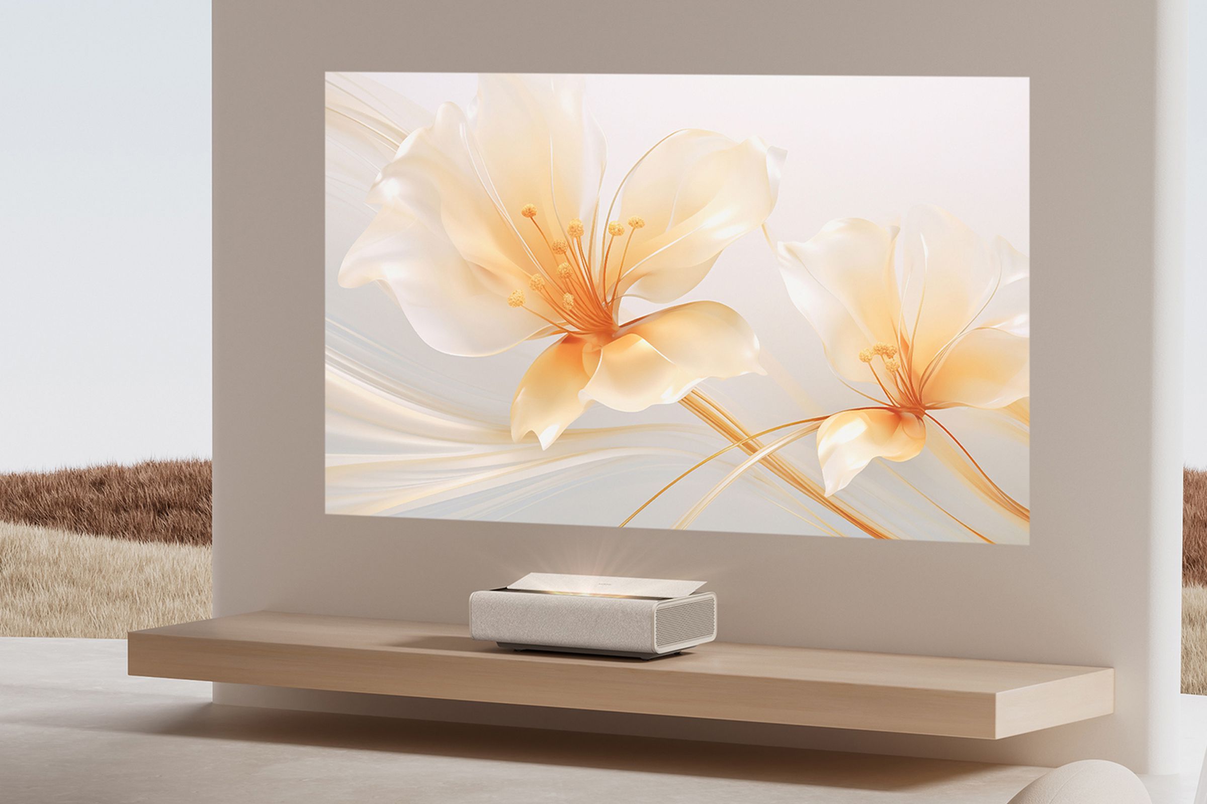 The Xgimi Aura 2 short throw projector displaying an image of flowers on a wall.