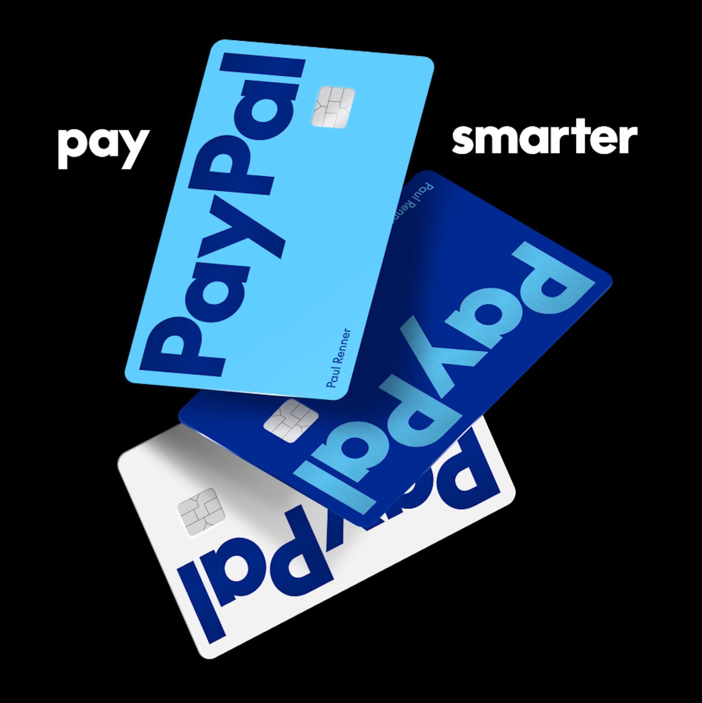 PayPal’s new debit cards are blue, and all have blue letters. One card is technically white with blue letters.